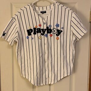 PLAYBOY Women’s White Striped Shirt with Colorful Embroidery